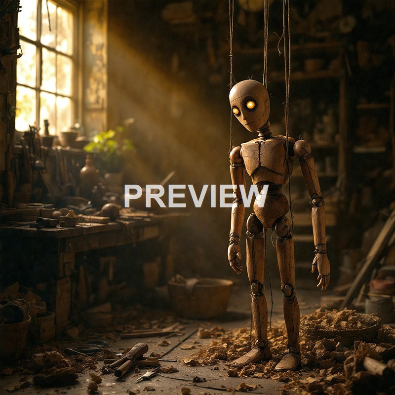 A wooden puppet with glowing eyes hanging from strings in a dusty, cluttered workshop illuminated by warm sunlight through a window.